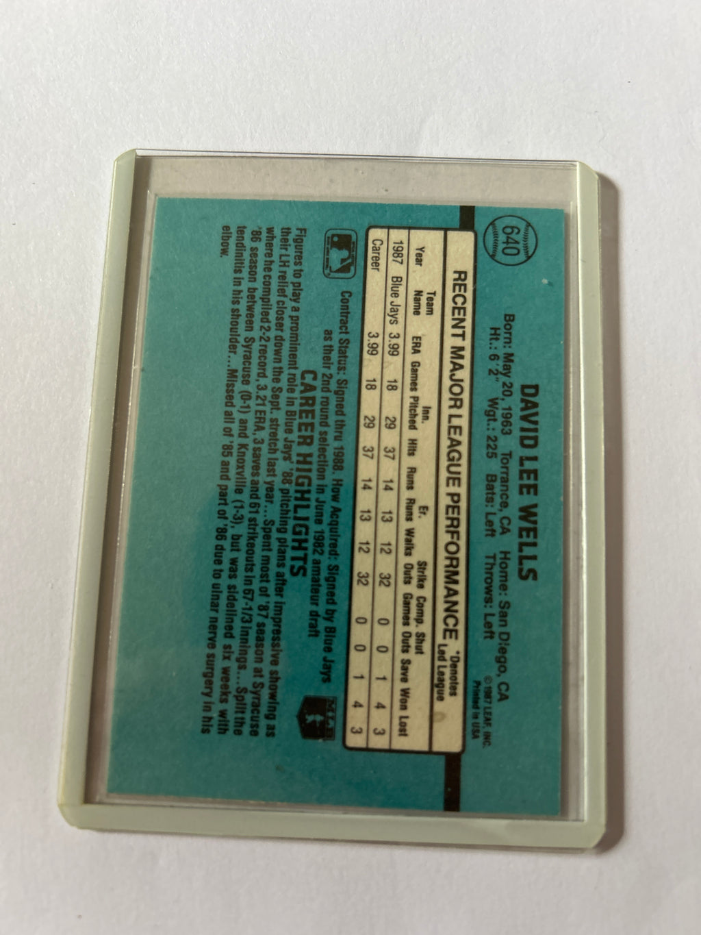 1988 Donruss - David Wells #640 Solid Blue Upper Right Corner (RC)