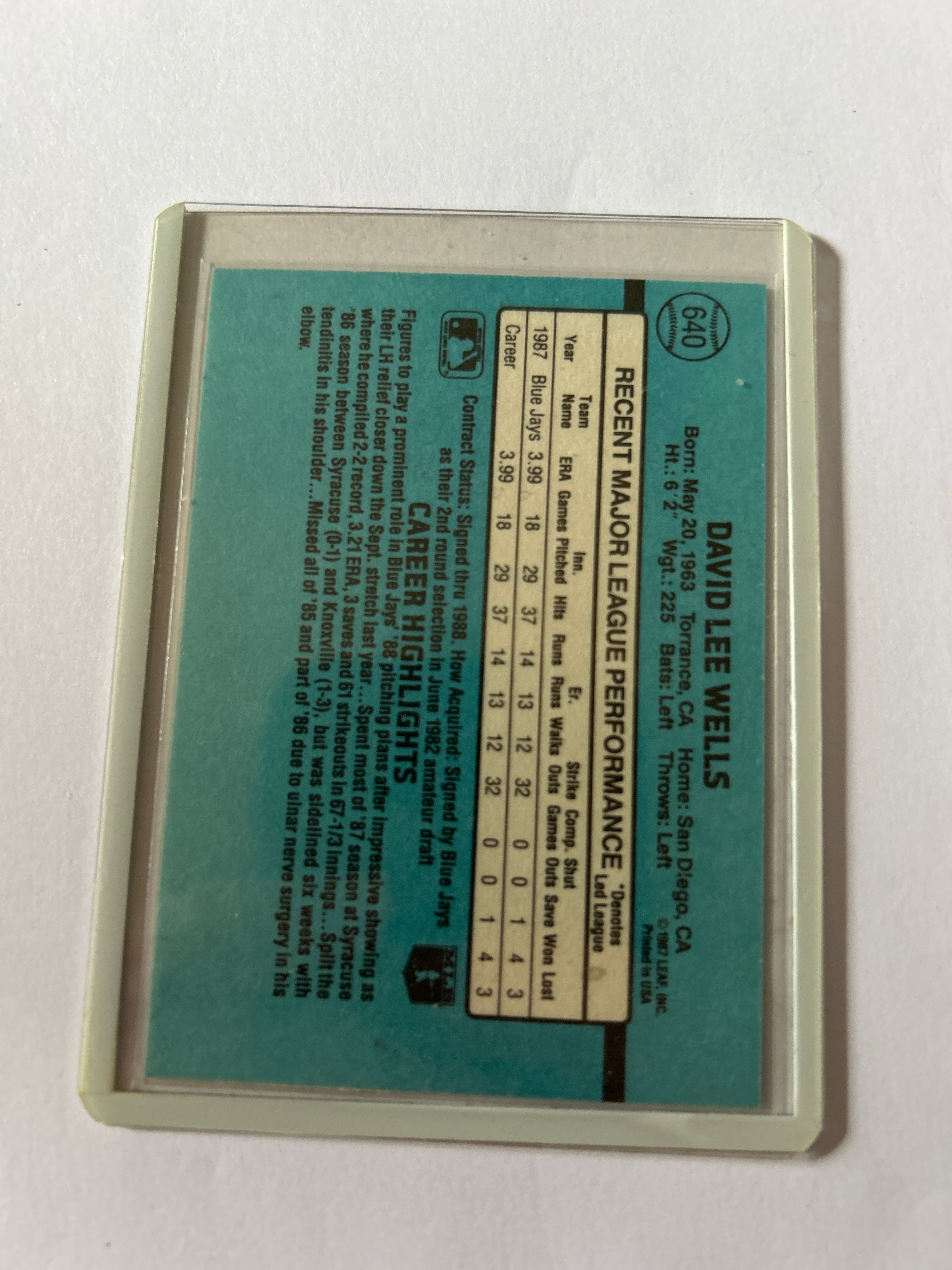 1988 Donruss - David Wells #640 Solid Blue Upper Right Corner (RC)