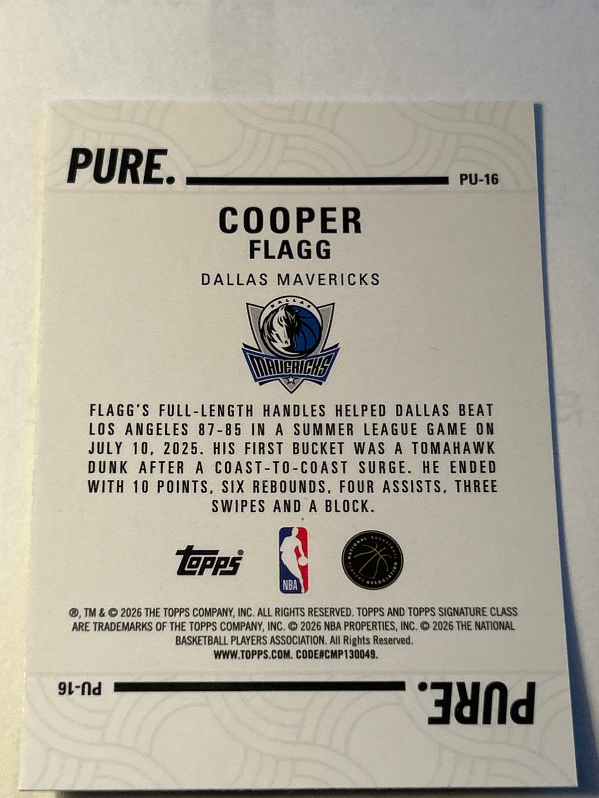 2025 Topps Signature Class Chrome Pure Cooper Flagg RC #PU-16 Mavericks