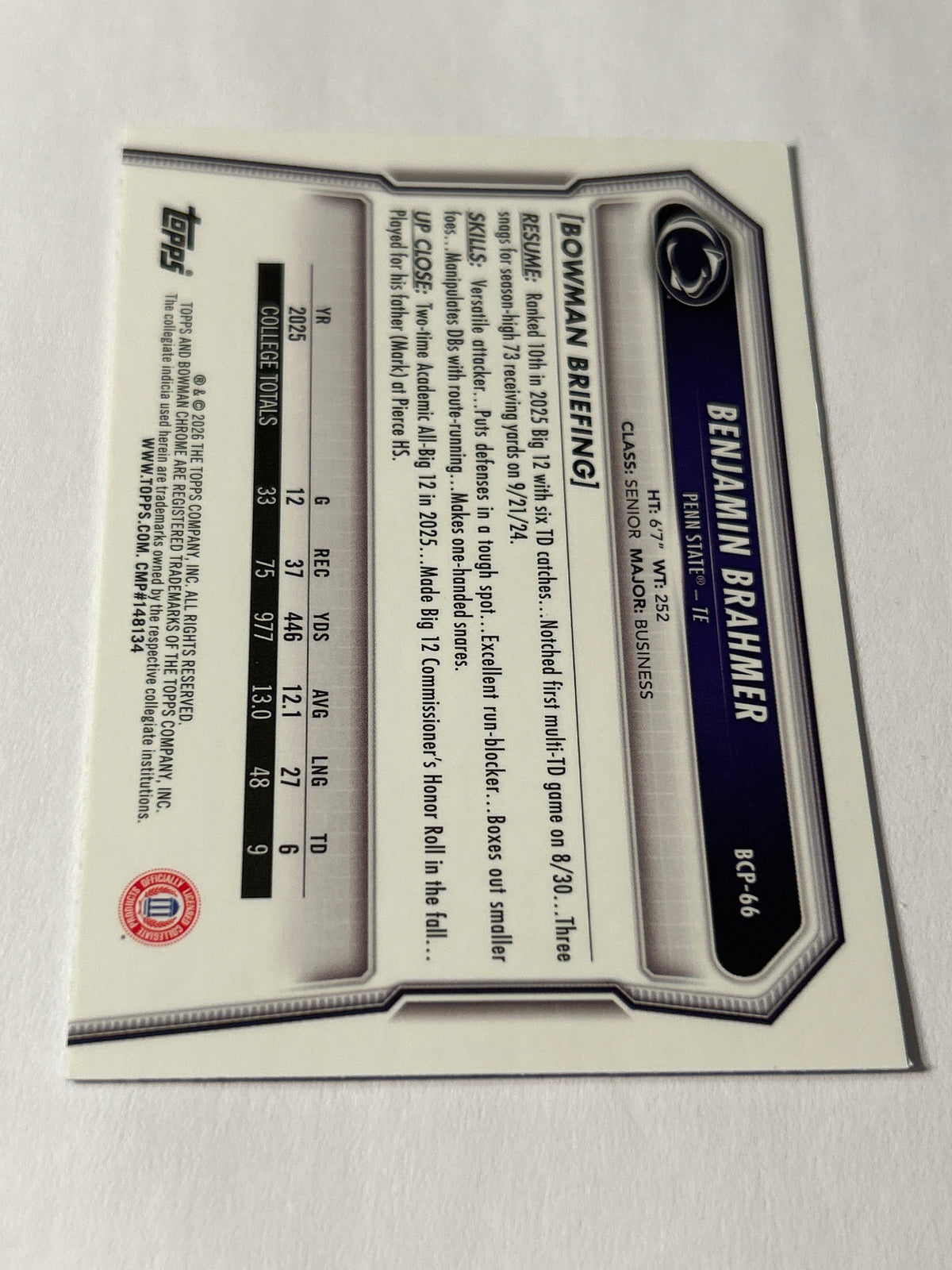 Bowman U Chrome Benjamin Brahmer 1st Bowman Blue Refractor 024/150 Penn State