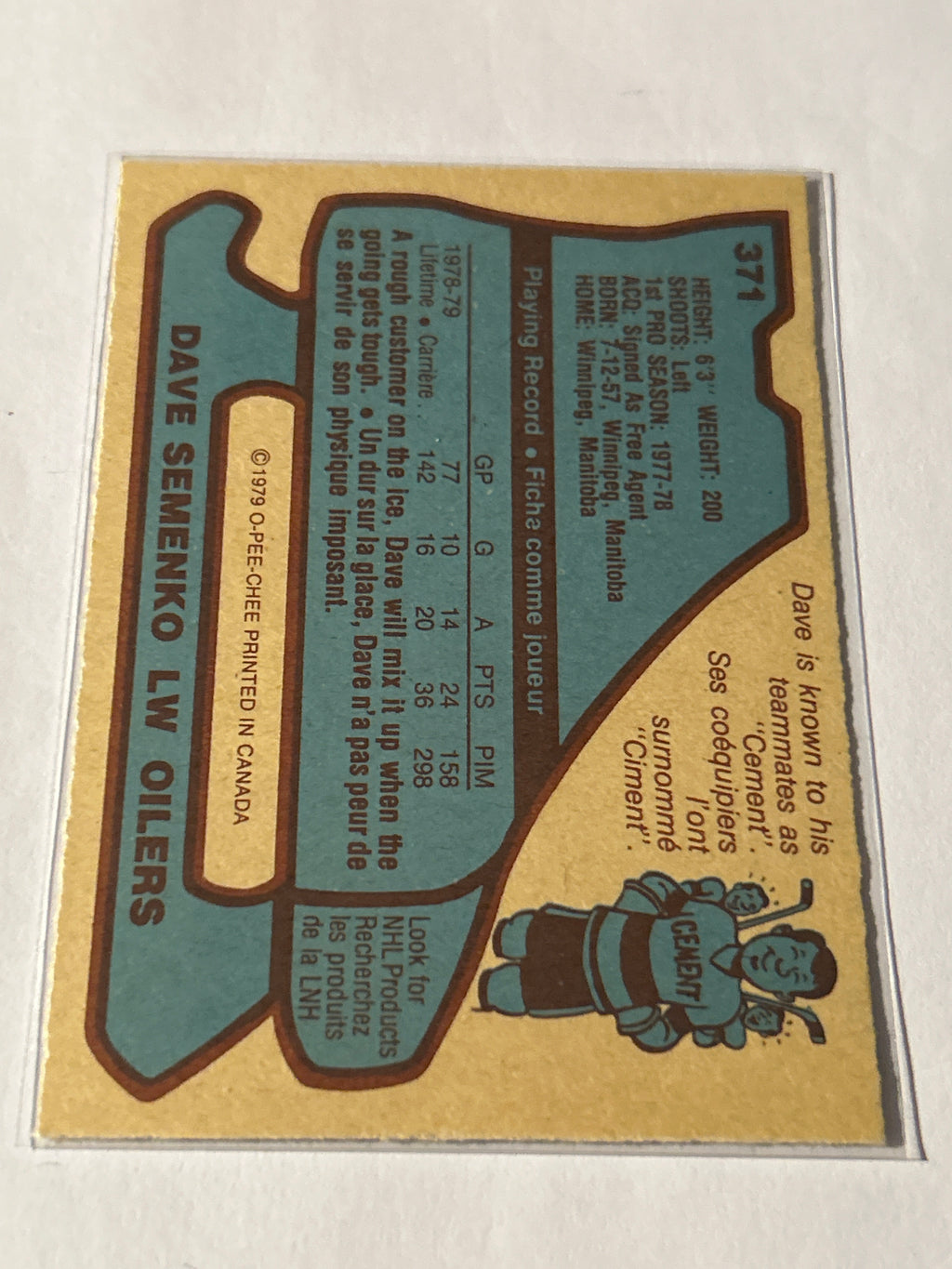 O-Pee-Chee 1979-80 Dave Semenko #371 Edmonton Oilers NHL Hockey Card