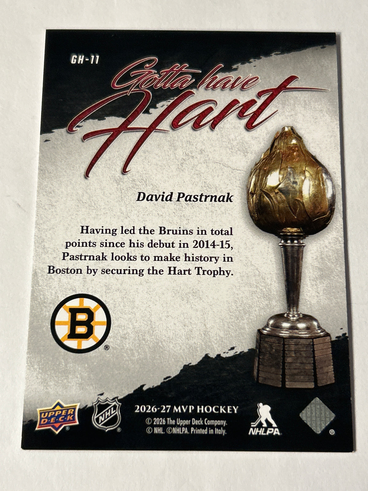 2025-26 Upper Deck MVP David Pastrnak Gotta Have Hart Insert Bruins