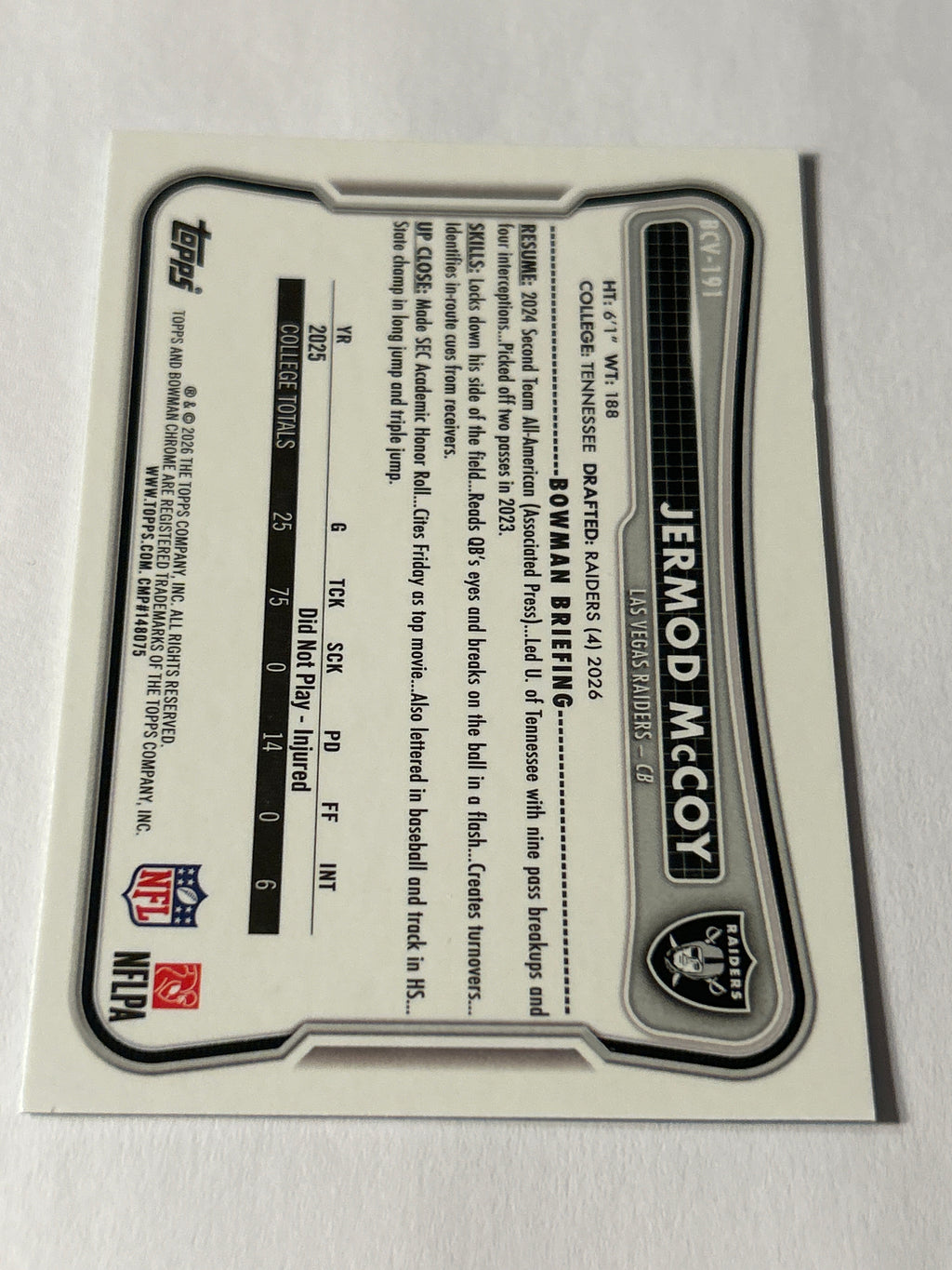 2026 Bowman Chrome Jermod McCoy RC Aqua Refractor 080/199 Las Vegas Raiders Rookie