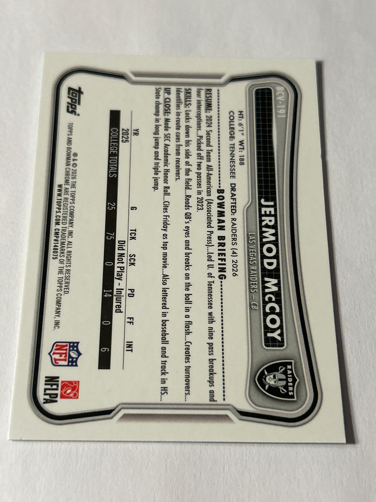 2026 Bowman Chrome Jermod McCoy RC Aqua Refractor 080/199 Las Vegas Raiders Rookie