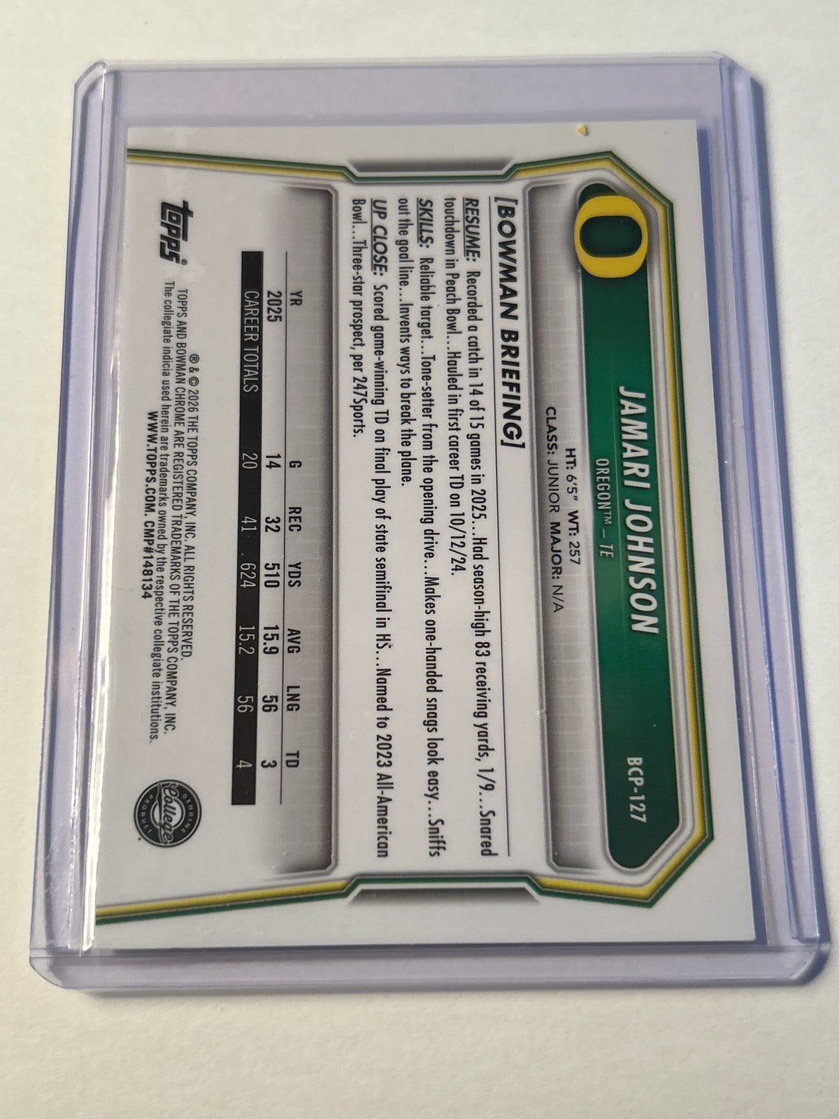 2026 Bowman Chrome U Jamari Johnson 1st Bowman Speckle Refractor Oregon Ducks TE