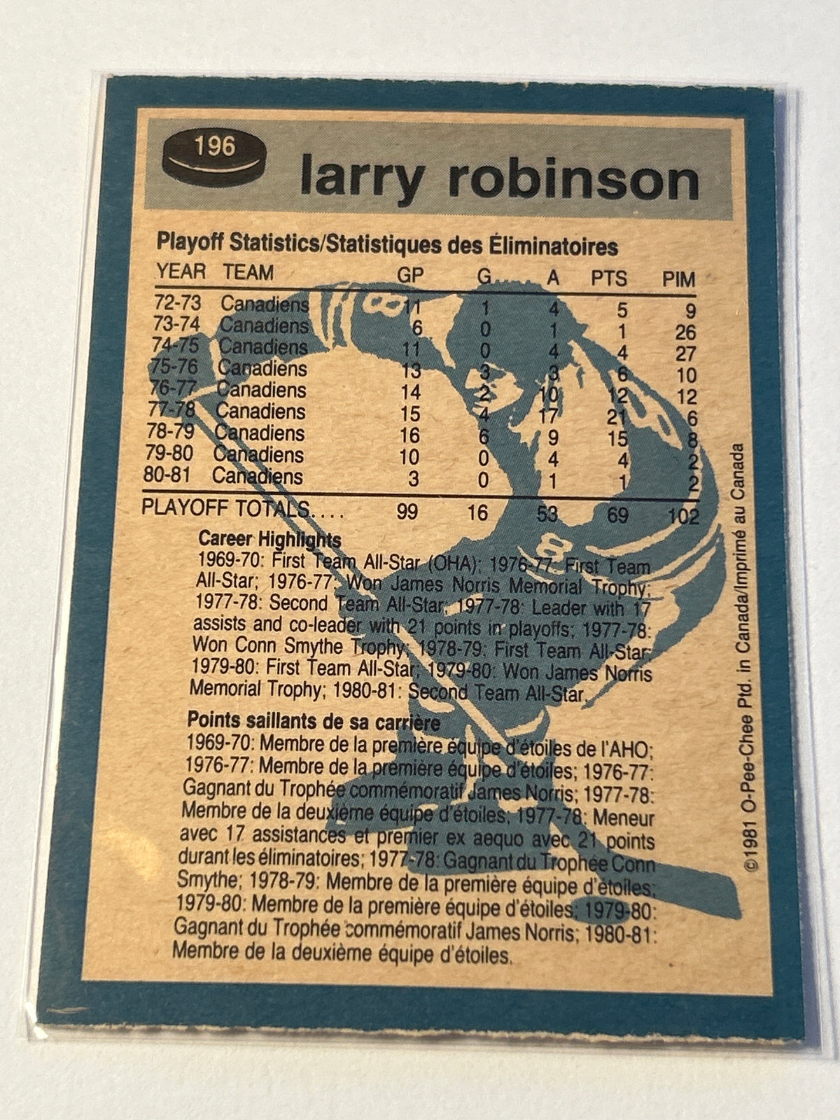 1981-82 O-Pee-Chee #196 Super Action Larry Robinson Montreal Canadiens