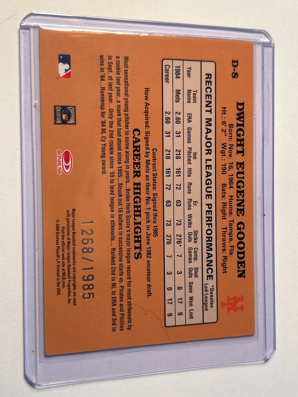 2004 Donruss Dwight Gooden 1985 Donruss Reprint #D-8 Serial Numbered 1268/1985 New York Mets