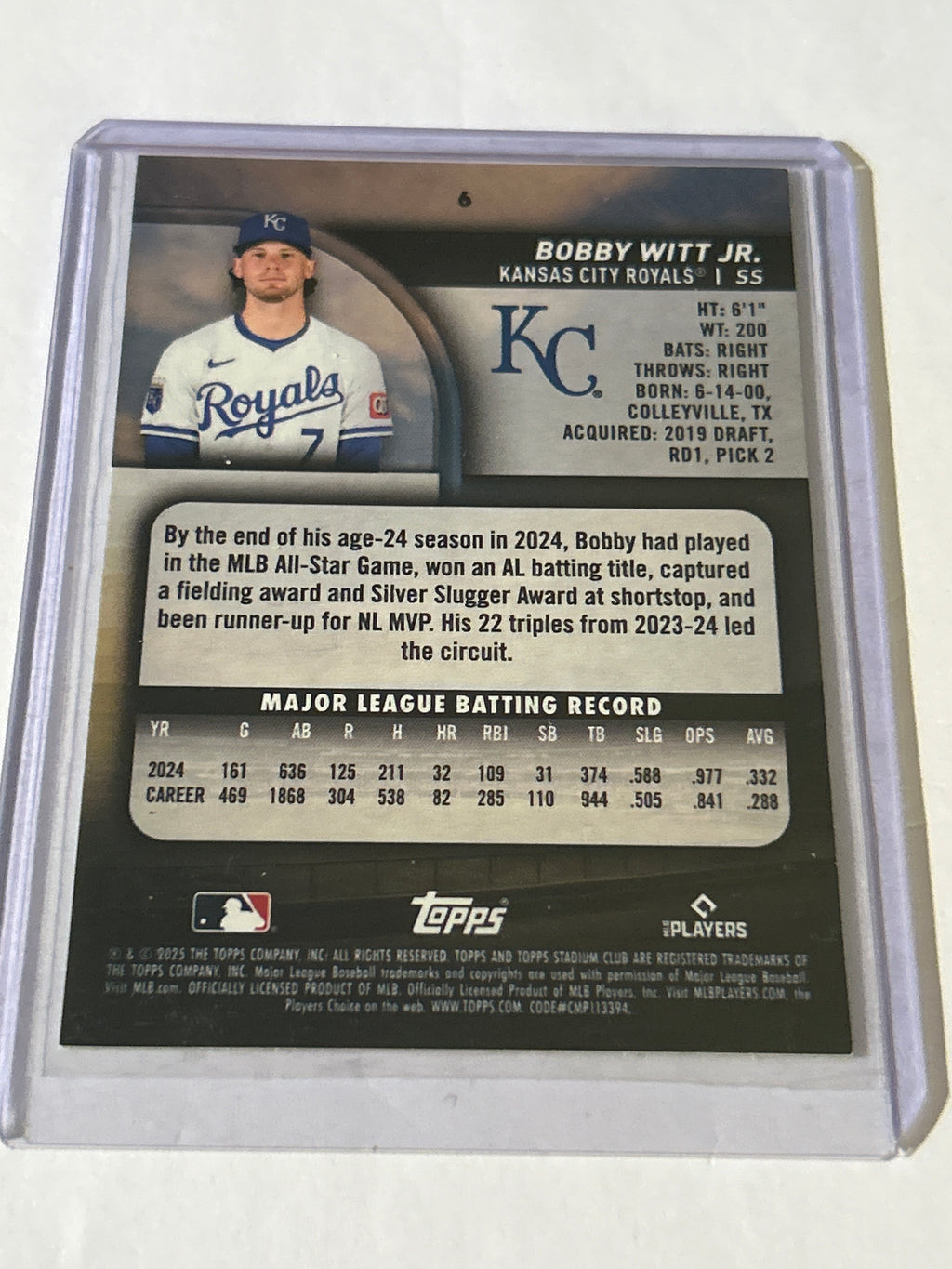 2025 Topps Stadium Club- Bobby Witt Jr-#6 - Lime Green Foil