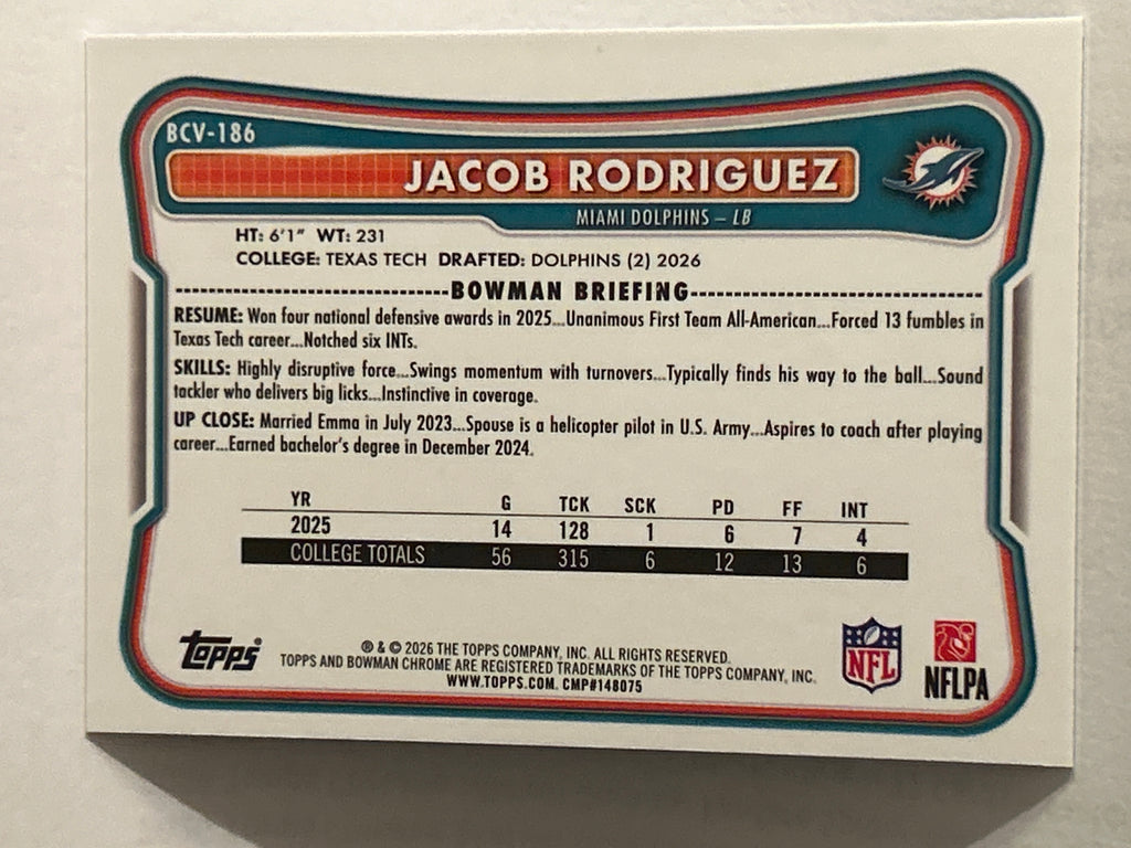 2026 Bowman Chrome Jacob Rodriguez RC #BCV-186 Purple Mojo Refractor 48/75 Miami Dolphins LB