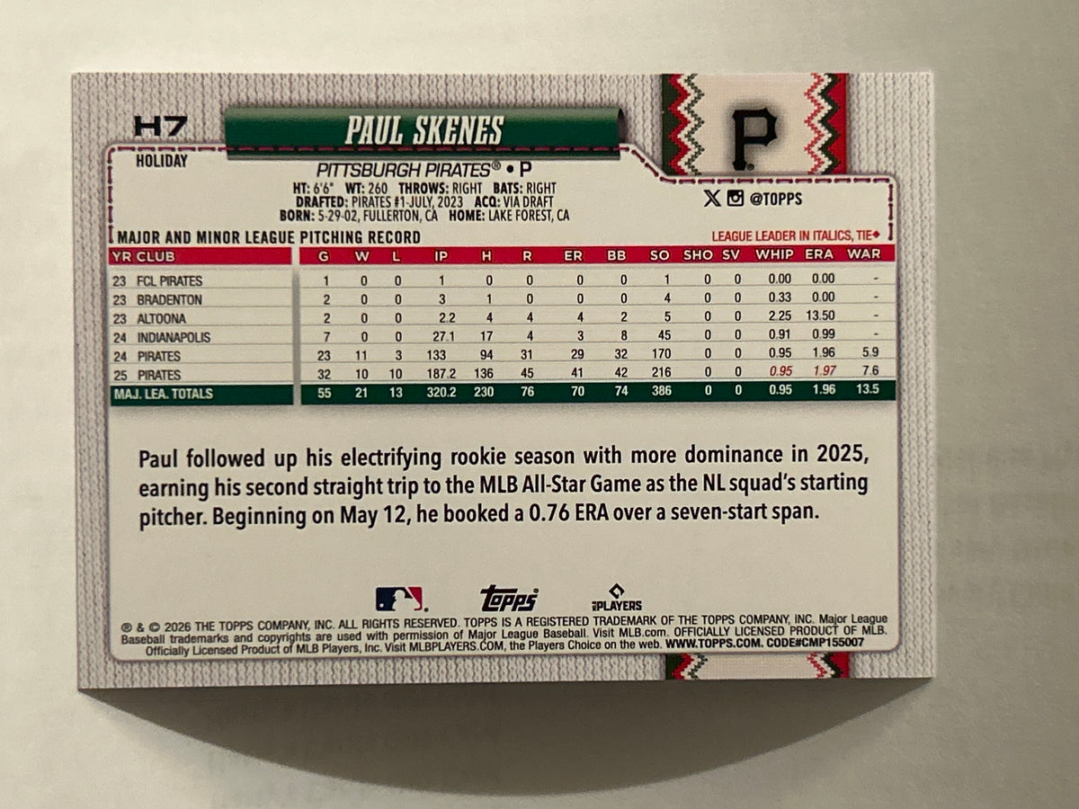 2026 Topps Holiday Paul Skenes #H7 Holiday Variation Back SP Pittsburgh Pirates