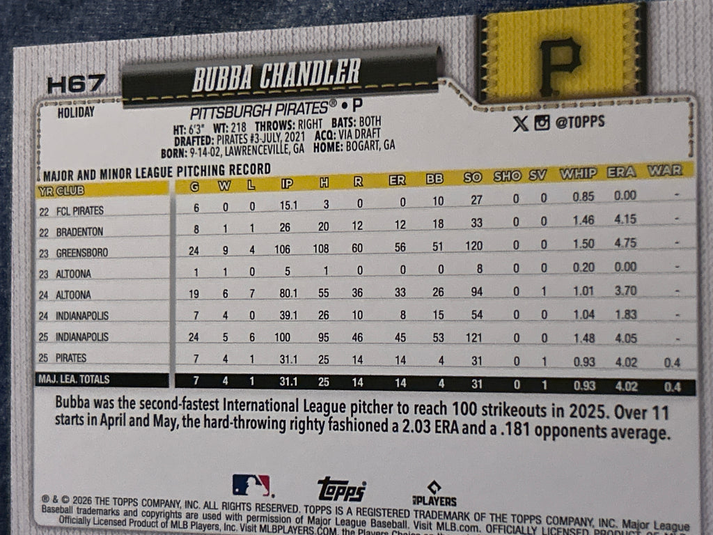 2026 Topps Holiday Bubba Chandler RC Holiday Variation SP Pittsburgh Pirates