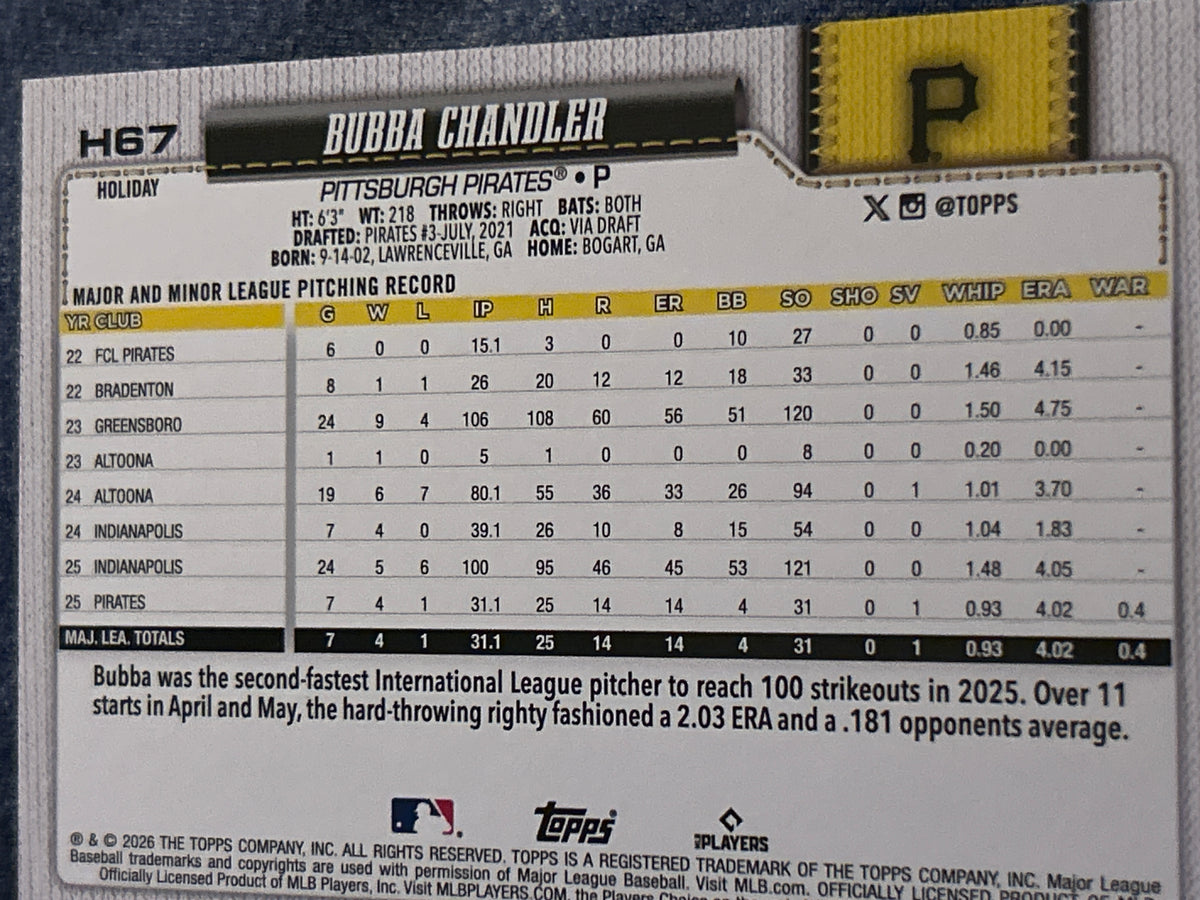 2026 Topps Holiday Bubba Chandler RC Holiday Variation SP Pittsburgh Pirates