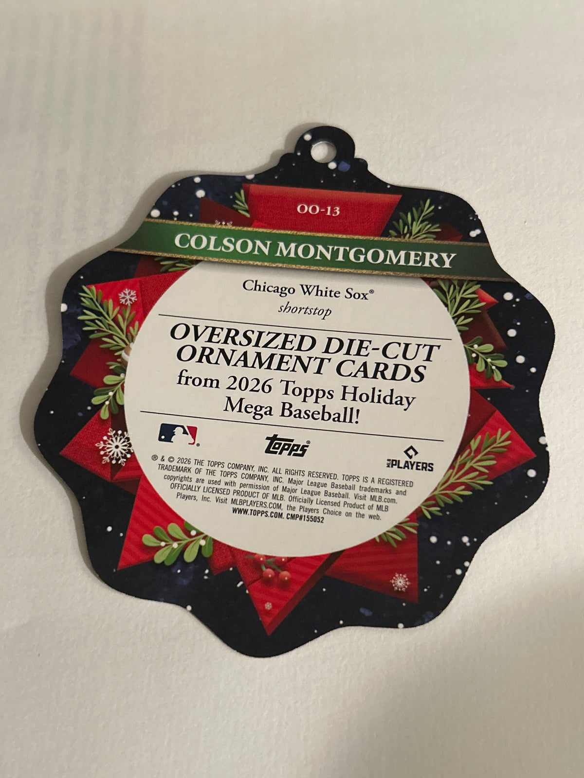 2026 Topps Holiday Colson Montgomery RC #OO-13 Oversized Die Cut Ornament Card Chicago White Sox
